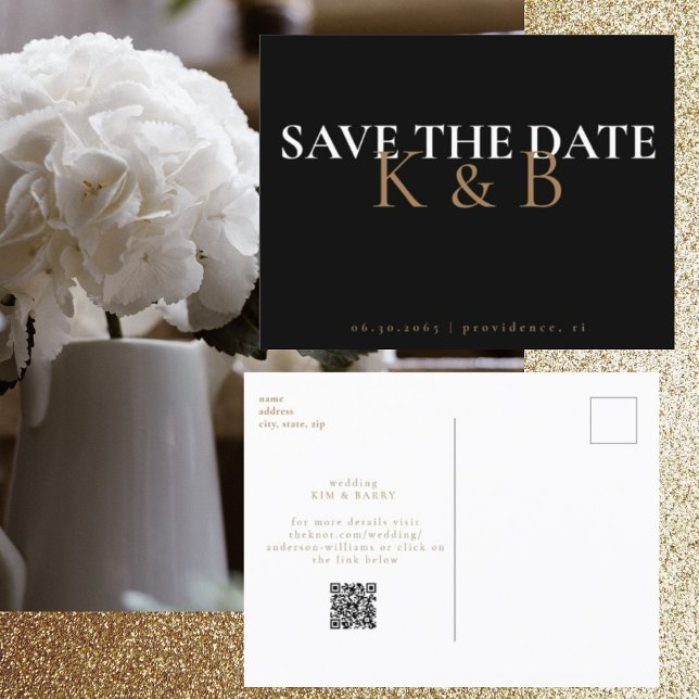 Black Simplicity Monogram QR Code Save the Date Postcard (Creator Uploaded)