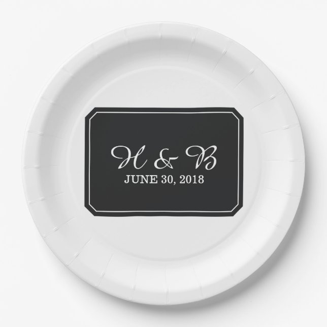 Black Simply Elegant Wedding Paper Plates (Front)