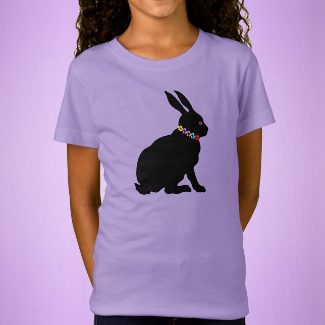 Black Sitting Bunny in Silhouette Form Flowers T-Shirt (Sitting black bunny rabbit wearing flowers for Easter for Spring Time on kids purple tee shirt.)