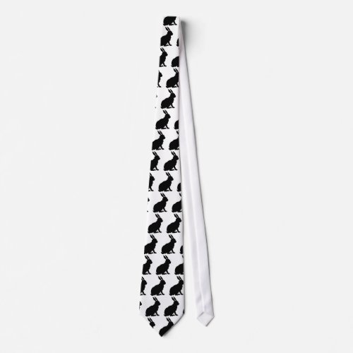 Black Sitting Rabbit Side Profile on White Neck Tie