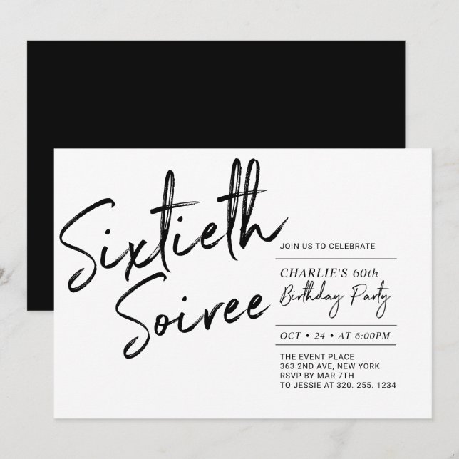 Black | Sixty Soiree Modern 60th Birthday Party Invitation (Front/Back)