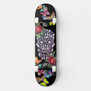 BLACK SKATEBOARD SKULL FLOWERS AND BUTTERFLIES