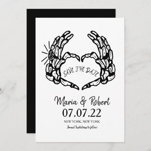 Black Skeleton Hand Heart Wedding Rings Doodle Invitation