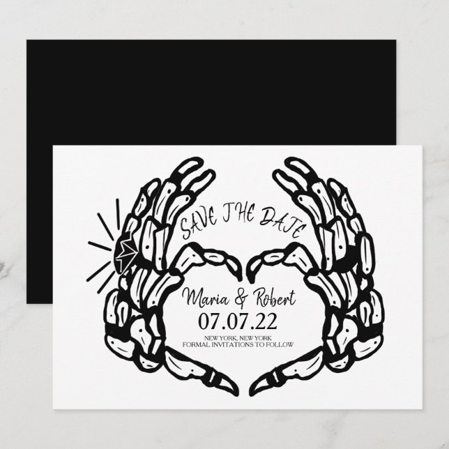 Black Skeleton Hand Heart Wedding Rings Invitation (Front/Back)