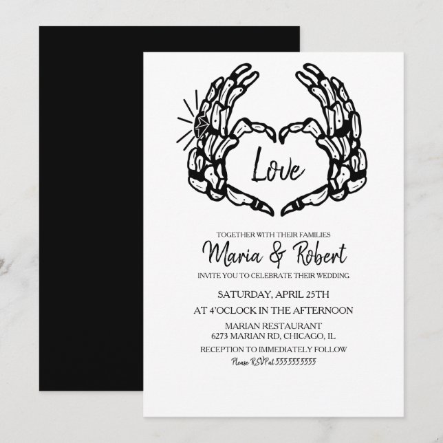 Black Skeleton Hand Heart with Wedding Rings Invitation (Front/Back)