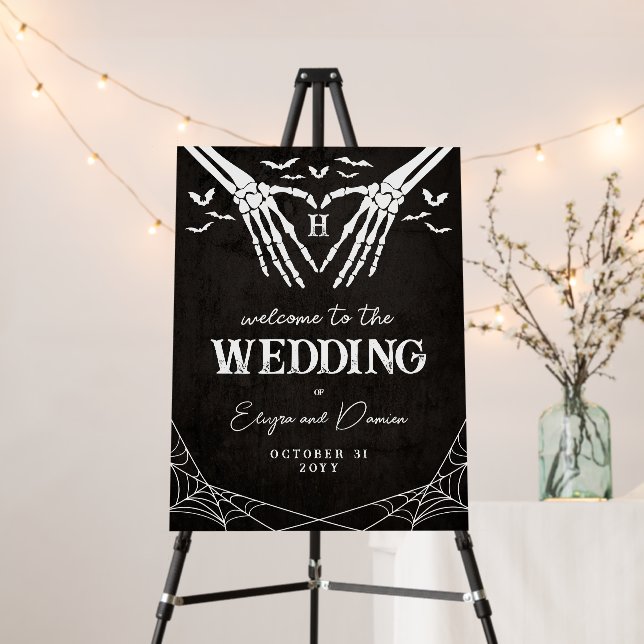 Black Skeleton Heart Goth Wedding Welcome Foam Board (In Situ (Stand))