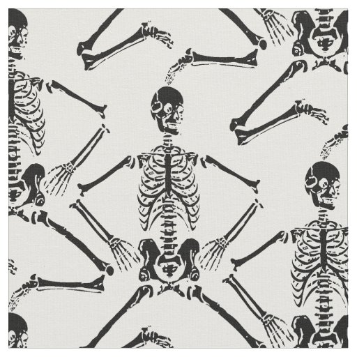 Black Skeletons Dancing on White Background Fabric