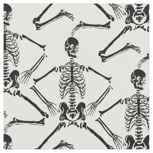 Black Skeletons Dancing on White Background Fabric (Close Up)