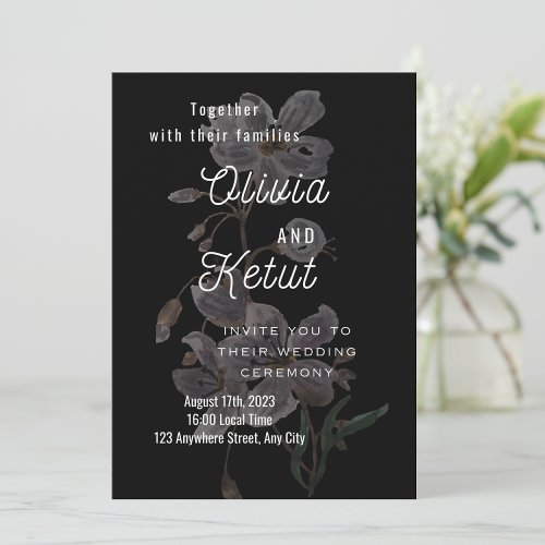 black sketch floral simple wedding  invitation