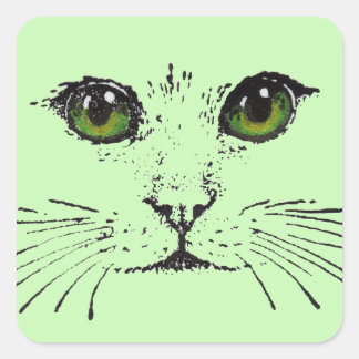 Black Sketch of Cat Face Intense Green Eyes Square Sticker