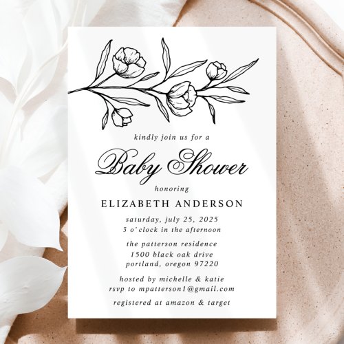 Black Sketched Floral Baby Shower Invitation