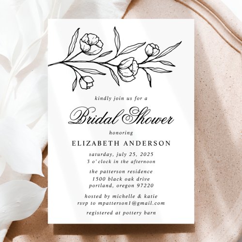 Black Sketched Floral Bridal Shower Invitation