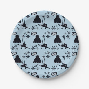 Black ski equipment & snowflakes on blue paper plates