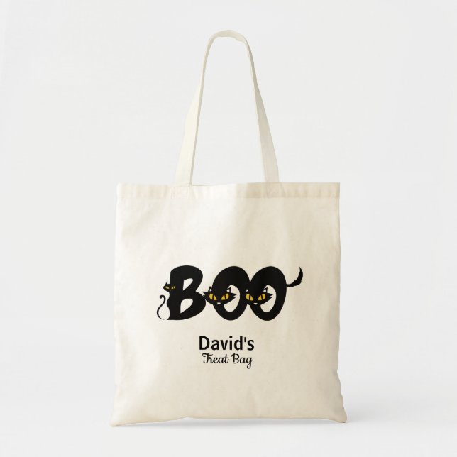 Black Skinny Cat Boo Halloween Trick or Treat Tote Bag (Front)
