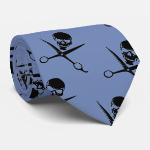 Black Skull and Barber Scissors on Blue Neck Tie