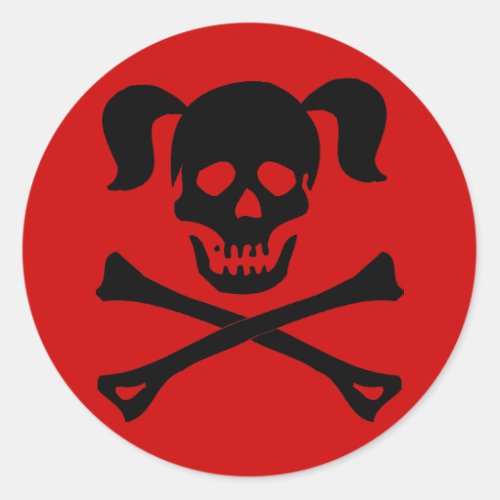 Black Skull and Crossbones With Pigtails Classic Round Sticker