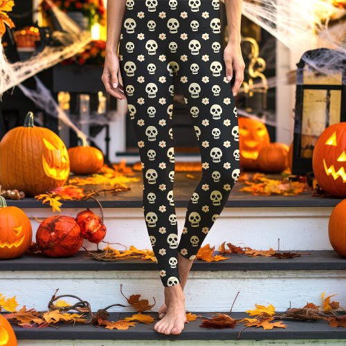 Black Skull And Flowers Floral Halloween Leggings