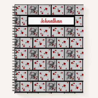 Black Skull and Red Roses Patterned Notebook