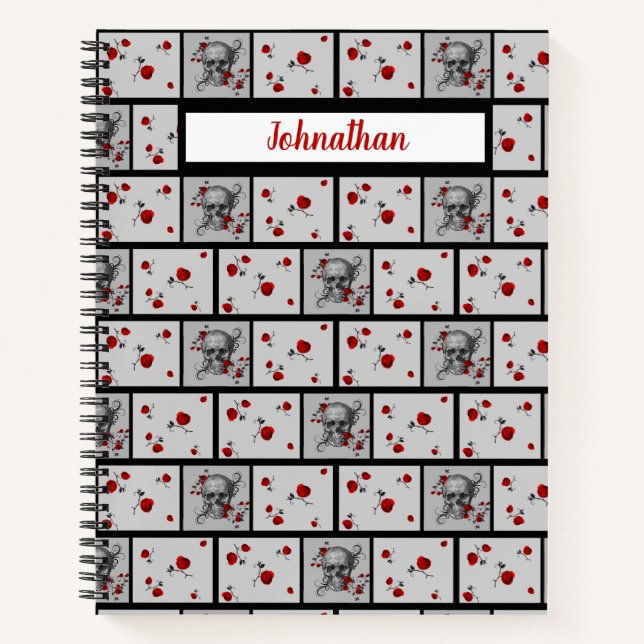 Black Skull and Red Roses Patterned Notebook (Front)