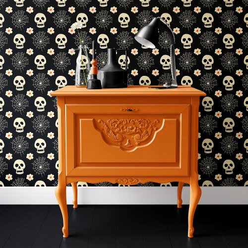 Black Skull and Spider Web Floral Halloween Wallpaper