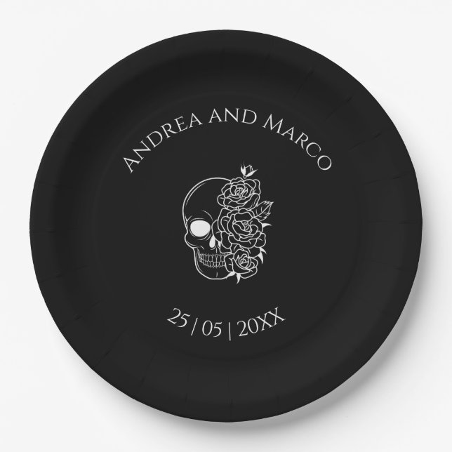 Black Skull Halloween Gothic Wedding Shower  Paper Plates (Front)
