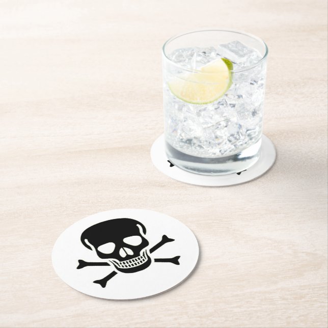 Black Skull round paper drink coasters (Insitu)