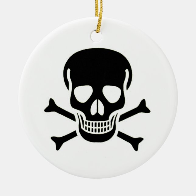 Black Skull white round ceramic ornament (Front)