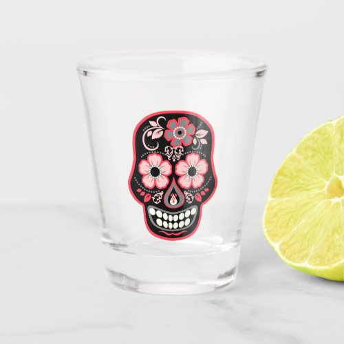 Black Skull with Flowers Shot Glass