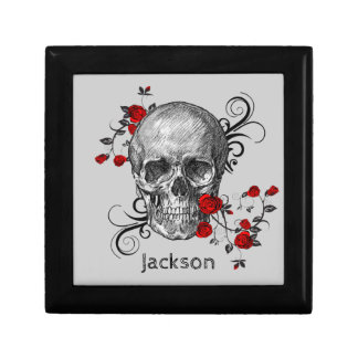 Black Skull With Red Roses & Swirls - Personalized Gift Box