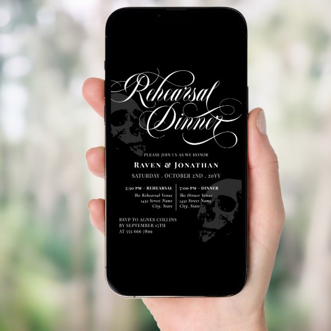 Black Skulls Goth Wedding Rehearsal Dinner Invitation (Front Digital)