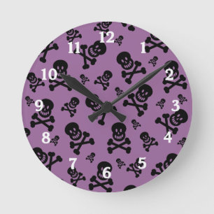 Black Skulls on Purple Background Wall Clock