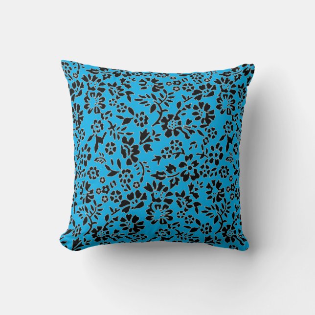Black & Sky Blue Flowered Throw Pillow (Front)