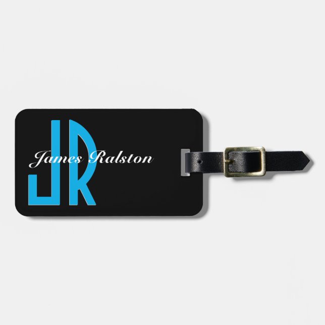 Black, Sky Blue Monogram, Personalize Luggage Tag (Front Horizontal)