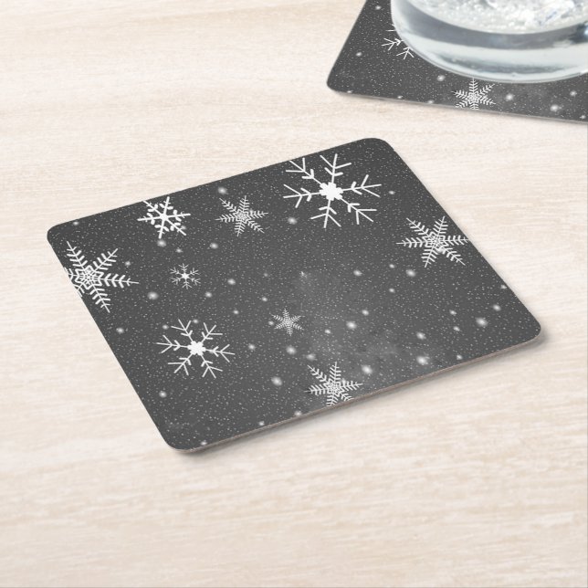 Black Sky with White and Gray Snowflakes Square Paper Coaster (Angled)