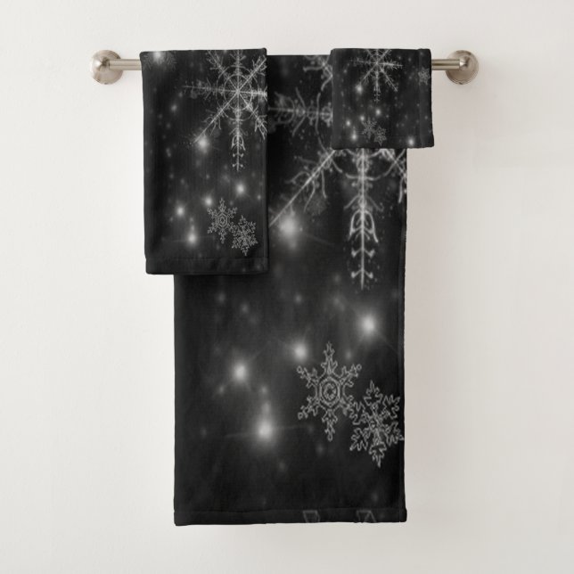 Black Sky with White and Gray Snowflakes Towel Set (Insitu)