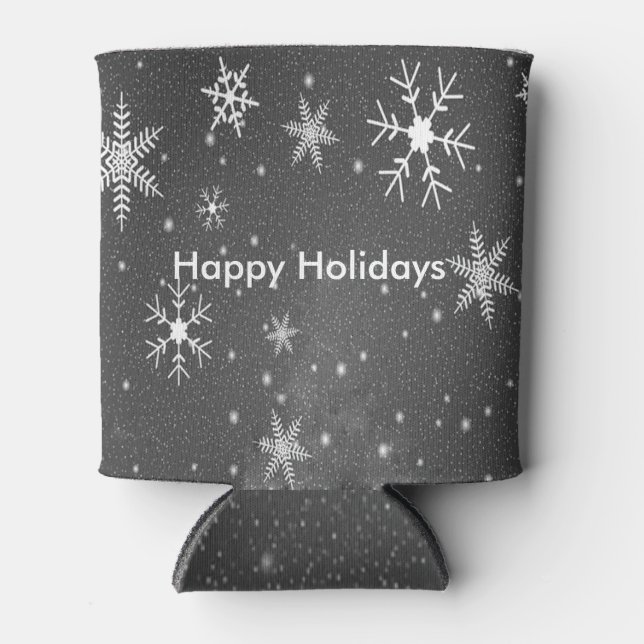 Black Sky with White and Gray Snowflakes, ZSSG Can Cooler (Front)