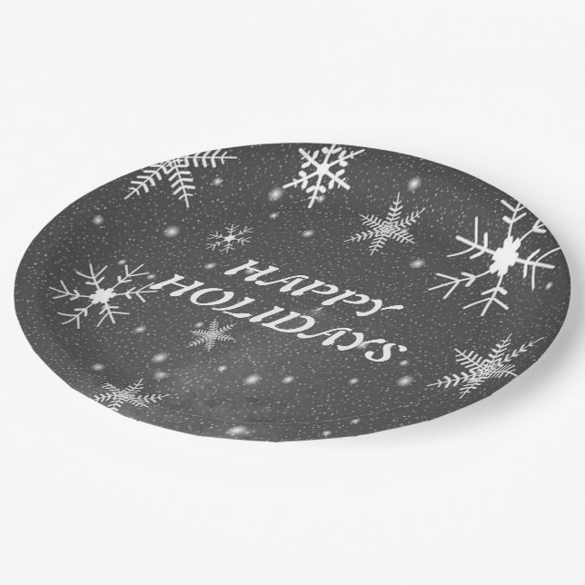 Black Sky with White and Gray Snowflakes, ZSSG Paper Plates (Angled)