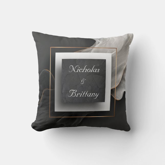 Black Slate Gold Frame Dramatic Flowing Fabric Throw Pillow (Front)