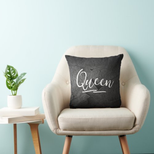 Black Slate Rock with Queen Text Throw Pillow
