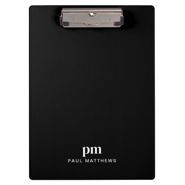 Black Sleek Custom Monogram and Name Clipboard (Front)