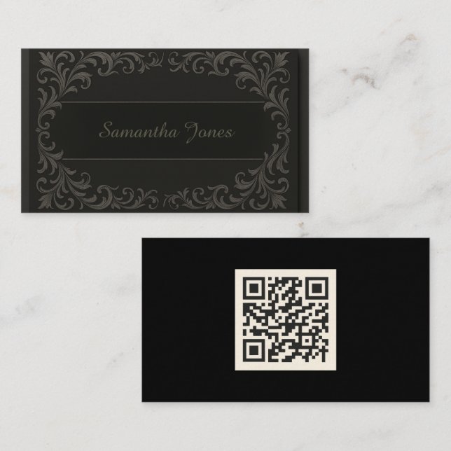 Black Sleek Fancy QR Code Business Card (Front/Back)