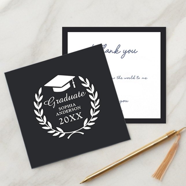 Black Sleek Graduation Laurel Wreath School Emblem Thank You Card (Creator Uploaded)