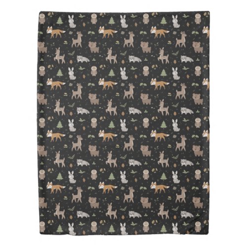 Black Sleepy Little Woodland Critters Duvet Cover