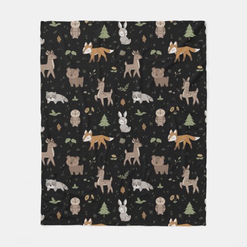 Black Sleepy Little Woodland Critters Fleece Blanket