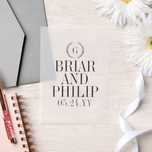 Black Slender Laurel Wreath Monogram Wedding Vellum Invitations