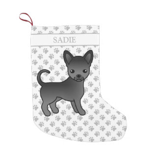 Black Smooth Coat Chihuahua Cartoon Dog &amp; Name Small Christmas Stocking