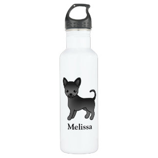 Black Smooth Coat Chihuahua Cartoon Dog &amp; Name Stainless Steel Water Bottle