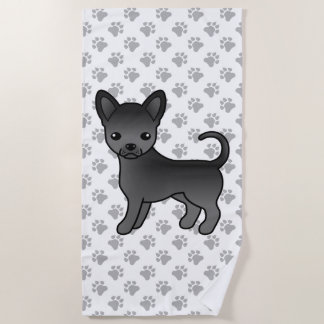 Black Smooth Coat Chihuahua Cartoon Dog &amp; Paws Beach Towel