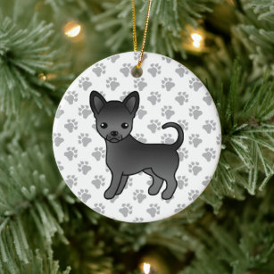 Black Smooth Coat Chihuahua Cartoon Dog & Paws Ceramic Ornament
