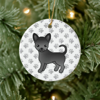 Black Smooth Coat Chihuahua Cartoon Dog &amp; Paws Ceramic Ornament